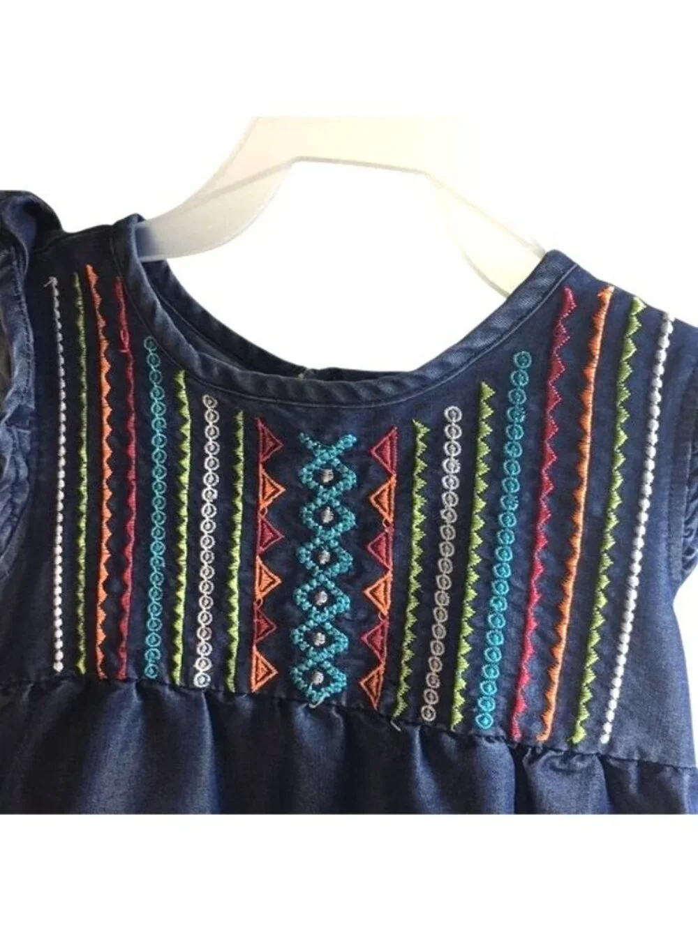 Kenzie Girls Dress Denim Blue Colorful Embroidery Ruffle Hem Ruffle Cap Sleeves